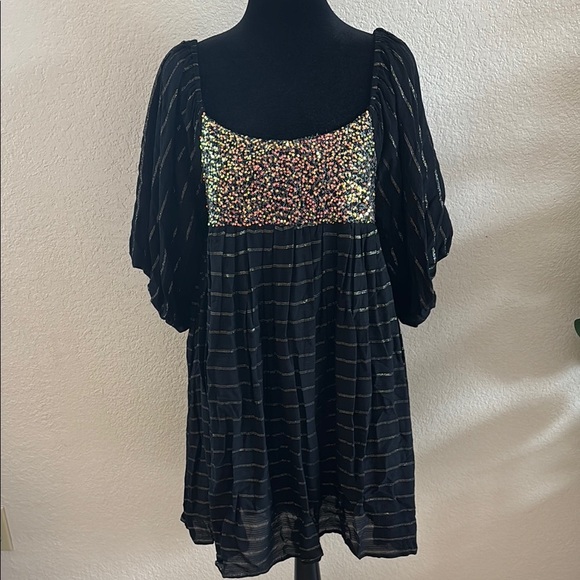 By Together Black Metallic Sequins Balloon Sleeved Smocked Mini Dress 0130 - Picture 2 of 11